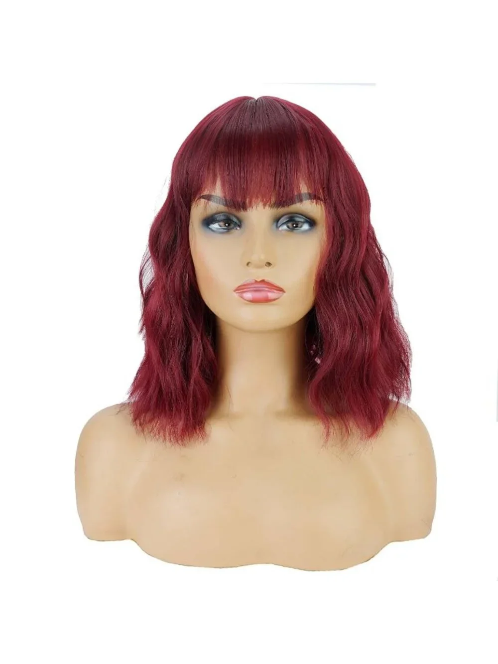 Women's Wine Red 14 Inch Heat Resistant Short Bangs Bob Modern Wavy Wigs